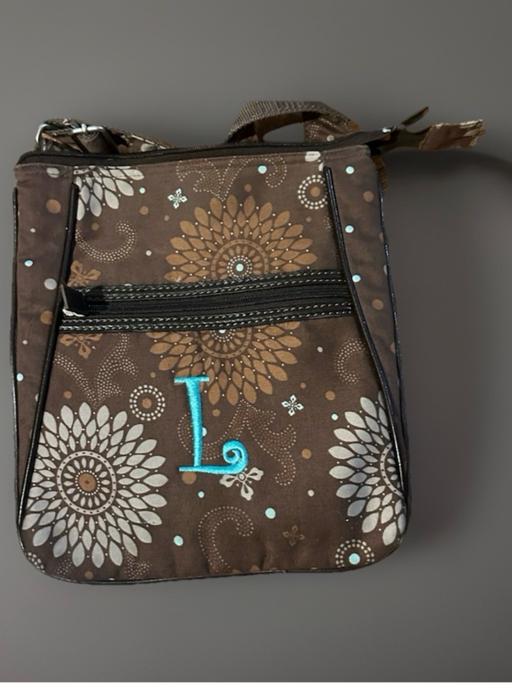 Thirty One Gifts Monogrammed Brown Floral Crossbody Bag with Turquoise 'L'